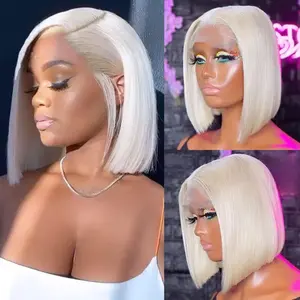 Platinum Blonde 13X4 Human Hair Bob Wig HD Lace Front Breathable Hair Pre Plucked Transparent 200Density Lace Front Wigs Human Hair for Woman 10 Inch