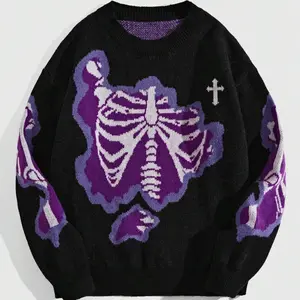 Halloween themed skull print off shoulder sweater, loose autumn and winter street long sleeved round neck sweater, fashionable daily wear knitwear