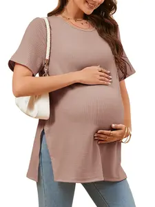 Tankaneo Women's Maternity T Shirts Summer Ribbed Short Sleeve Tunic Tops Textured Side Split Tee Pregnancy Clothes