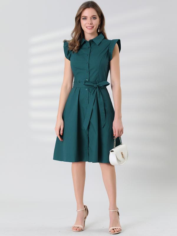 INSPIRE CHIC Women's Cotton Shirtdress Ruffled Sleeve Tie Waist Button Casual Office Dress, Dark Green