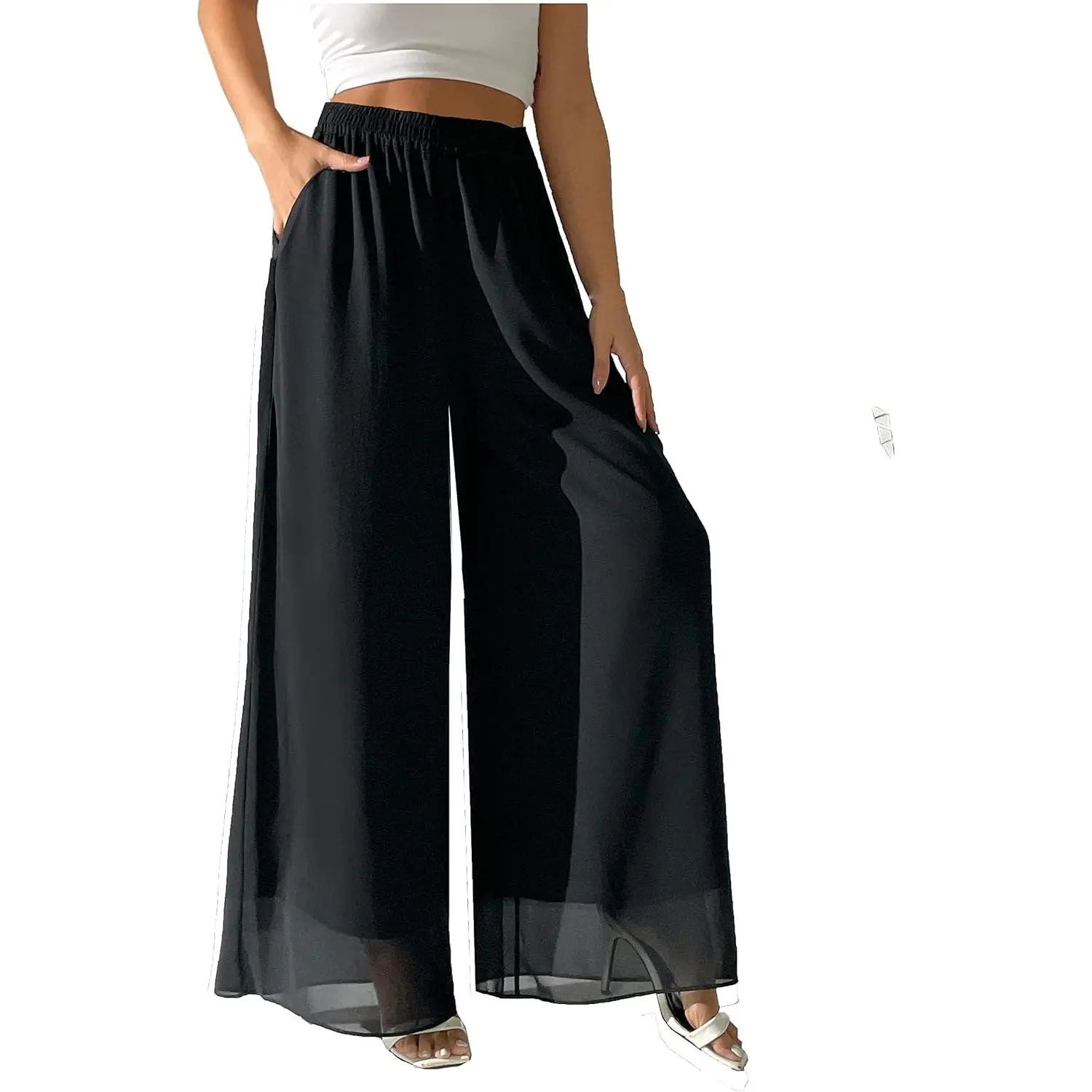 Women's Loose Fit Chiffon Beach Bottoms - Elastic Waist Wide Leg Palazzo Pants, Comfortable Slacks