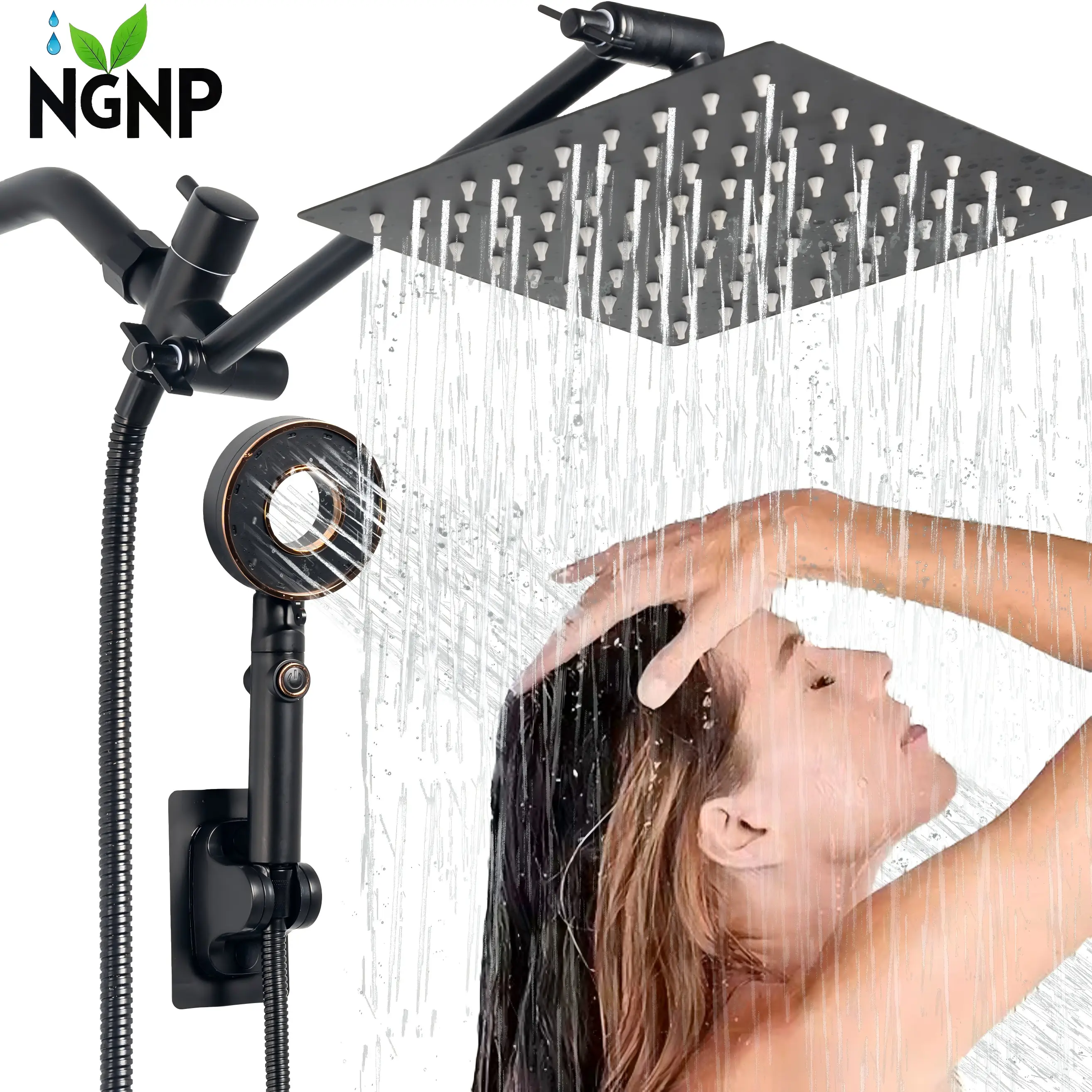 NGNP Shower Head,8” /10”Rain Shower Head with Handheld Spray Combo and Adjustable Extension Arm/1-Press Water Stop/3-Way Flow Regulator/Shower System,