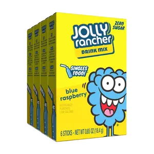 Jolly Rancher Blue Raspberry Singles To Go Drink Mix Pack, Sugar Free Low Calorie Water Flavor Packets, 6 Sticks per Box, Pack of 4, Portable Beverage Mix