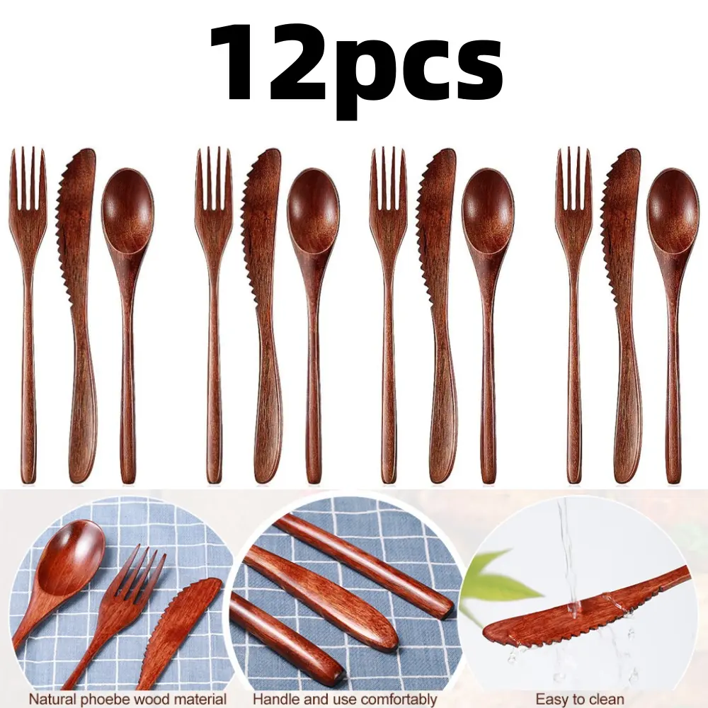 12 pcs Wooden Utensils Wooden Forks and Spoons Reusable Flatware Tableware Mini Wooden Spoon Fork Set Includes Spoon, Fork, Knife