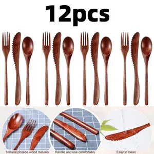 12 pcs Wooden Utensils Wooden Forks and Spoons Reusable Flatware Tableware Mini Wooden Spoon Fork Set Includes Spoon, Fork, Knife