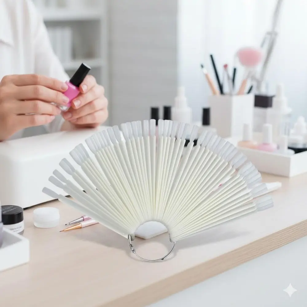 Professional Nail Art Training Kit: Portable Fan-Shaped Display Board with False Nails, Salon & Home Use, Anti-Scratch Rounded Swatch Panel, Color Chart Practice Set, 50 Pcs High-Value Nail Tip Bundle