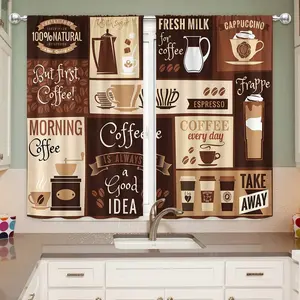2 Panel 28"X40" Coffee Kitchen Curtain Set Retro Country Brown Latte Cappuccino Coffee Bean Theme Modern Rod Living Room Bedroom Dining Home Decoration