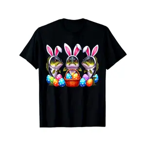 Easter Bunny Bass Fishing Graphic Tee - Three Bass Hunting Easter Eggs in a Basket Design, 100% Cotton Soft Short Sleeve T-Shirt for Men & Women, All-Season Casual Outdoor Wear