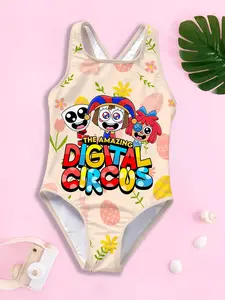 Beige Base with Light Beige Trim, Easter Eggs, Florals & Leafy Patterns, Three Cartoon Characters & Colorful "DIGITAL CIRCUS" Text Kids' One-Piece Swimsuit, Skin-Friendly & Breathable, Ideal for Summer Swimming