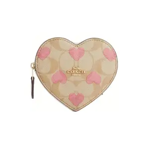 COACH Heart 11 Classic Double C Logo Heart Print PVC Wallet for Women, Light Khaki