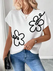 USEEN 2026 New Women's Floral Thick-Knit Mock Neck Pullover Knitwear, Casual Wear Short-Sleeve Loose Top, Comfortable Fit, Autumn Winter Solid Option