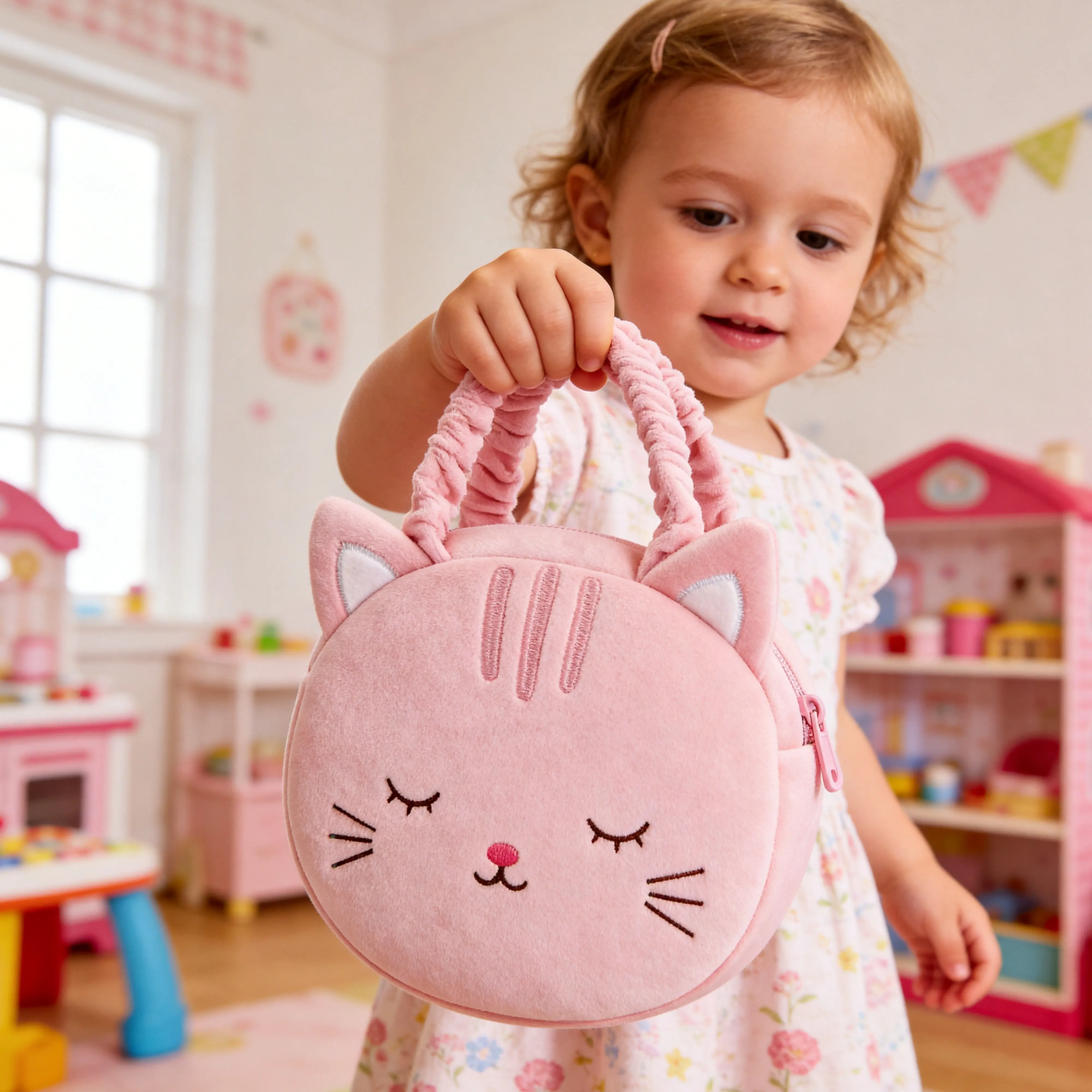 Plush Cat Handbag Set for Toddler Girls Ages 2-6, Cute Lightweight Tote with Heart Purse, Festive Easter Gift & Birthday Present, Coin Purse