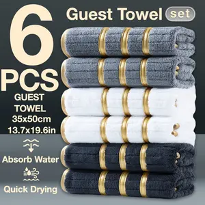 6-Piece Gold Line Decorative Winter Thick Guest Towels, Modern Simple Bathroom Set, Strong Absorbent Quick Dry Microfiber, Home Camping Hotel School Factory Use