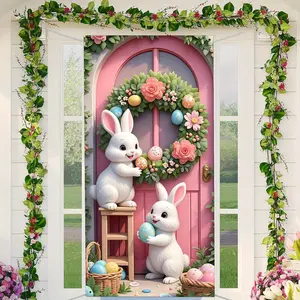 Easter Rabbit Pattern Door Curtain, 1 Count Lovely Door Banner with Lanyard, Indoor Outdoor Decorative Door Curtain for Front Door, Bedroom, Kitchen, Porch
