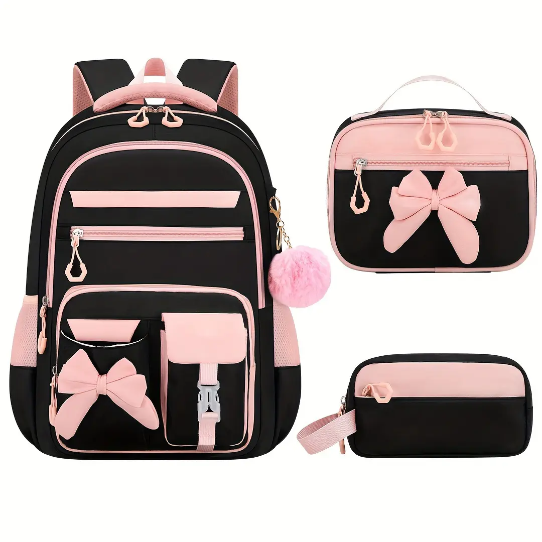 3-Piece Aesthetic Bow Backpack Set, Kawaii Casual Daypack with Lunch Bag & Pencil Case, Fluffy Pom Pom Accessory Travel Backpack for Young People