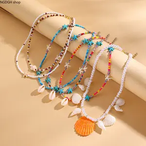 Women's Trendy Turquoise Turtle Beaded Necklace - Elegant Double-Layer White-Blue Bead Choker with Starfish Charm, Delicate Lightweight Adjustable Jewelry for Summer Cruise & Coastal Boho Looks