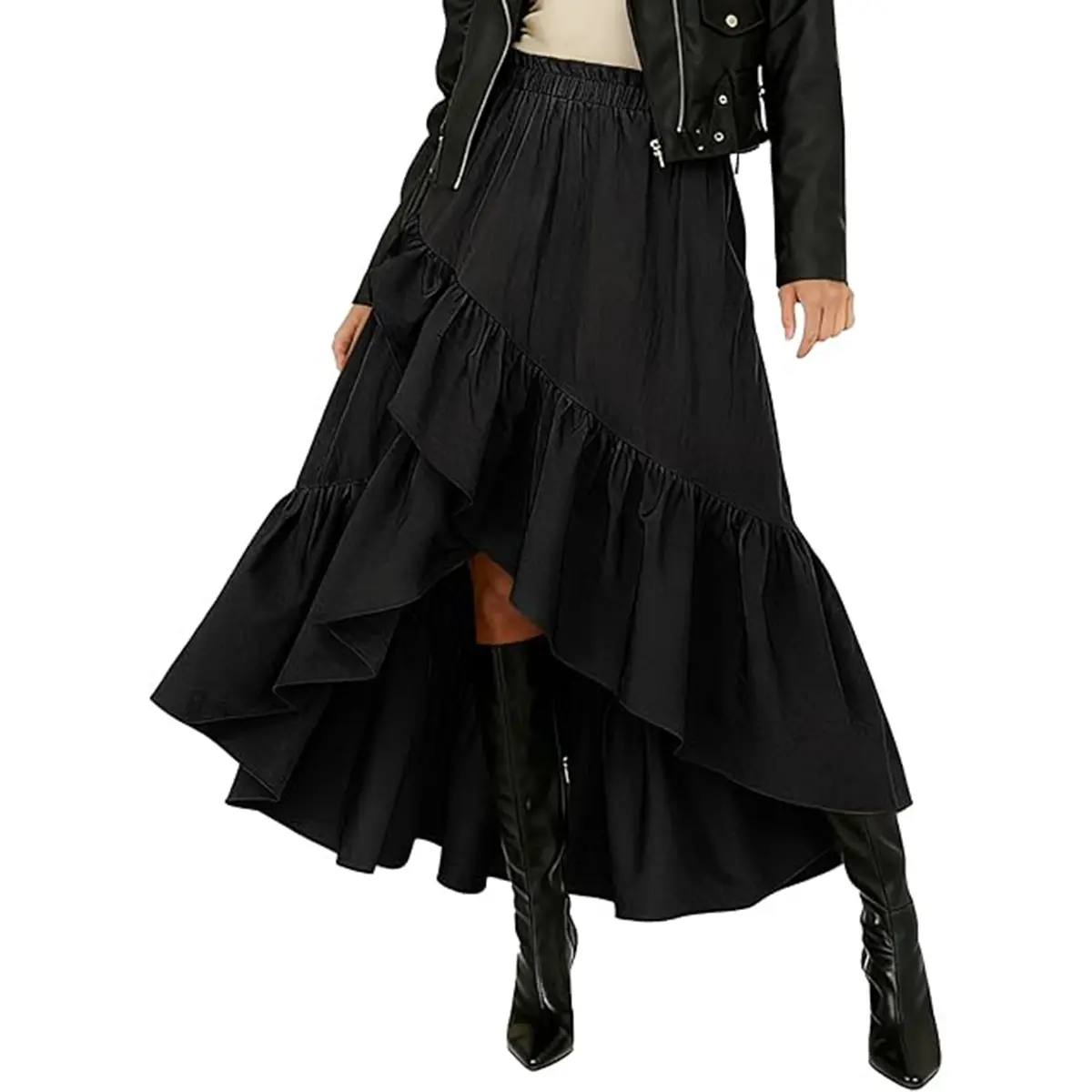 Bsubseach Women's Soft Boho Western Long Skirt, High Waist Asymmetrical Wrap with a Ruffle High-Low Hem and Side Slit, Polyester, Long Skirts, Boho Earthy Girl Clothes, Music Festival, Maxi Skirt