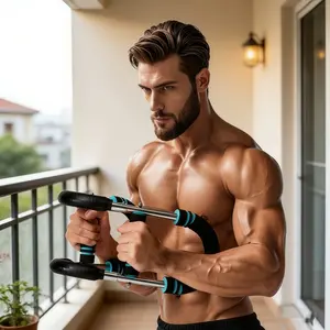 Adjustable U-Shaped Arm & Chest Trainer with stainless steel and blue non-slip grip, detachable for storage. Moderate resistance for all users, efficiently strengthens arms and chest for better home fitness.