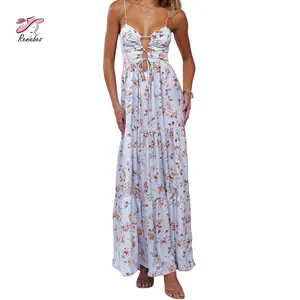 Women's Summer Long Cami Dress Sleeveless Open Back Flower Print Hollow Out Beach Dress