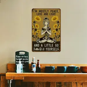 Vintage Bohemian Metal Wall Art Plaque - "I'm Mostly Peace, Love and Light" with Sunflowers & Meditation Symbols, Rustic Iron Wall Decor for Home, Office, Cafe, Indoor Use, Artistic Bohemian Decoration Signs