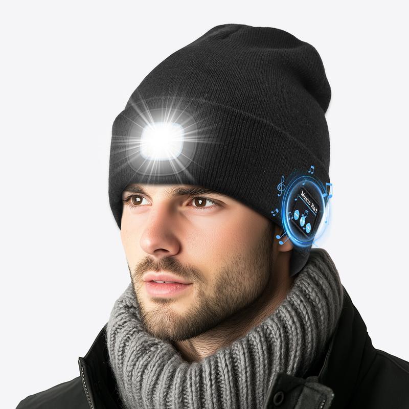 Bluetooth Beanie with Light,Unisex USB Rechargeable 6 LED Fashlight Hat with Cordless Headphones,Unique Christmas Birthday Gifts for Men Husband Teen warm beany Knit Balaclava Outdoor Activities