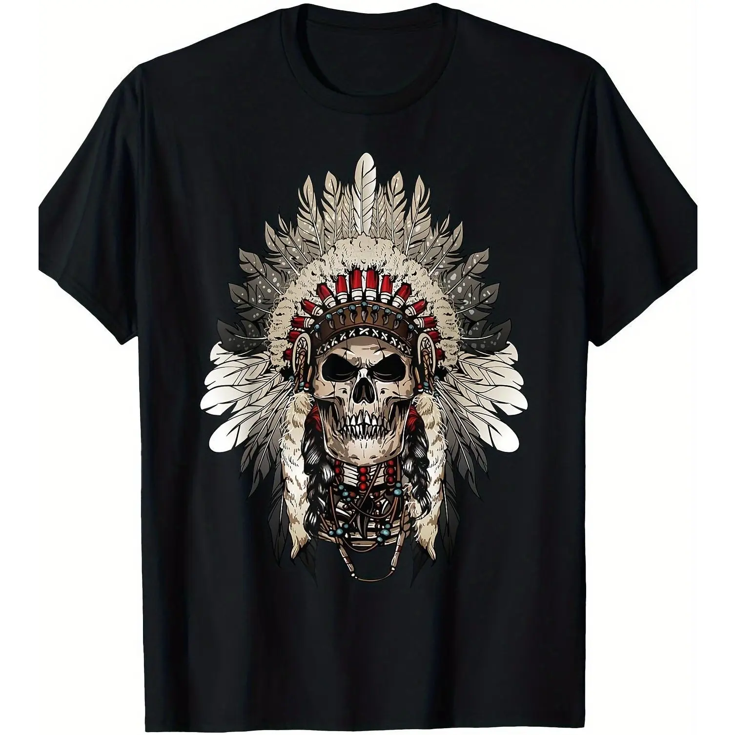 Indian Chief Skull Tribal Headpiece Gift for Lover Native 200g 100% Cotton T-Shirt Men's Comfort Wear Classic Cotton Tee Fun Shirts Casual Short-Sleeve Cotton Menswear