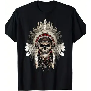 Indian Chief Skull Tribal Headpiece Gift for Lover Native 200g 100% Cotton T-Shirt Men's Comfort Wear Classic Cotton Tee Fun Shirts Casual Short-Sleeve Cotton Menswear