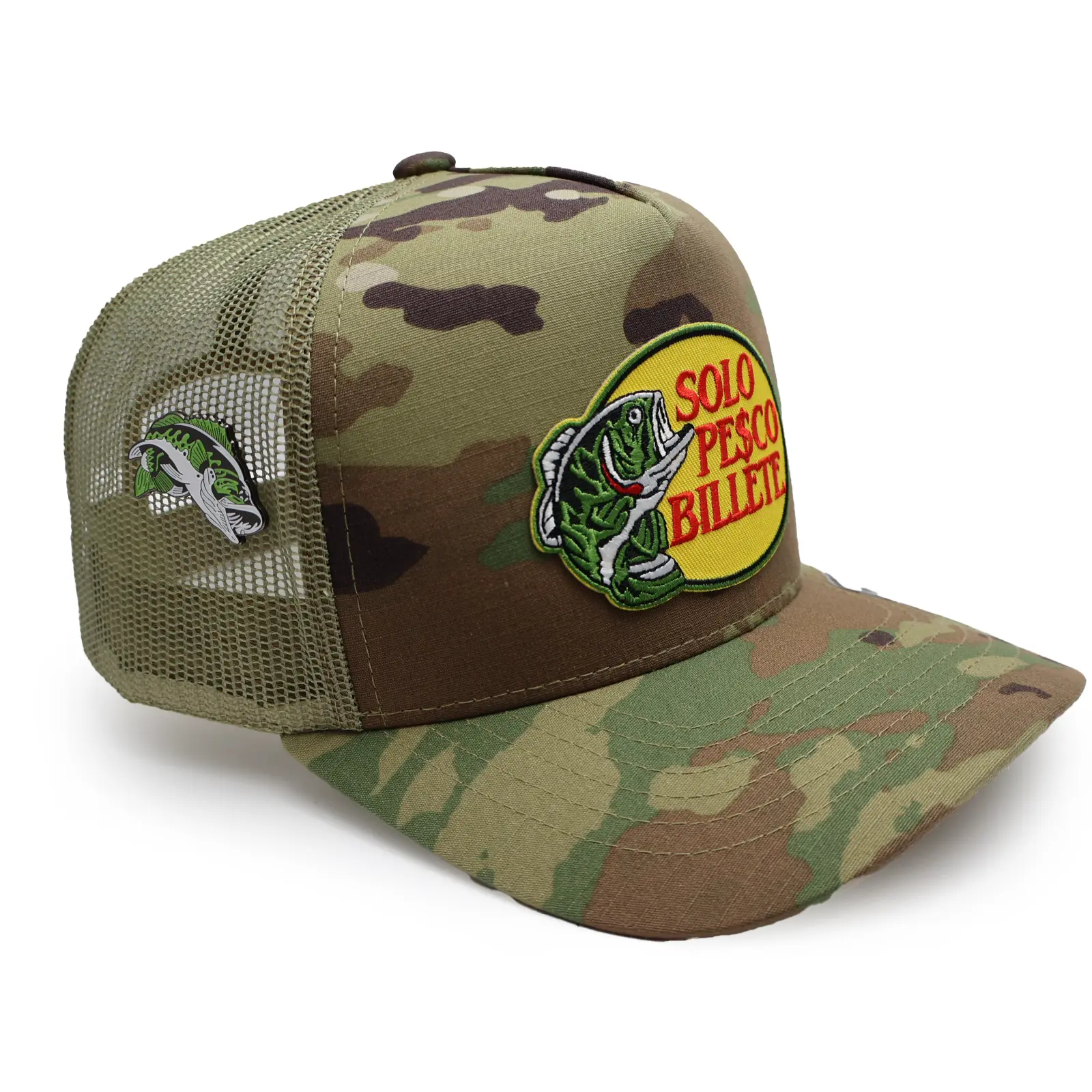 Solo Pesco Billete Hat – Camo light brown Mesh High Crown Snapback w/ Green Bass Pin | Ranchero Chido