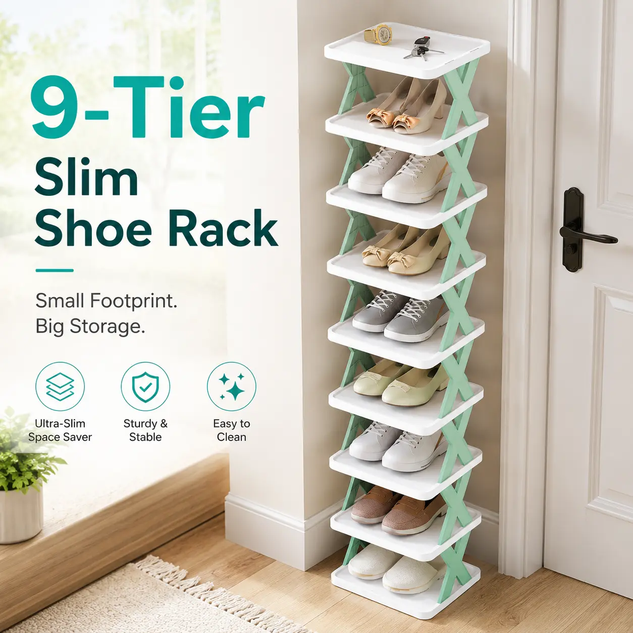 9-Tier Ultra-Slim Narrow Shoe Rack Tower - Freestanding, Adjustable, Configurable, Corner-Mounted, Lightweight Waterproof Plastic Slim Column, Space-Saving Home Organizer for Small Entryways, Ideal for Dads, Space Saving Furniture, Narrow Tower