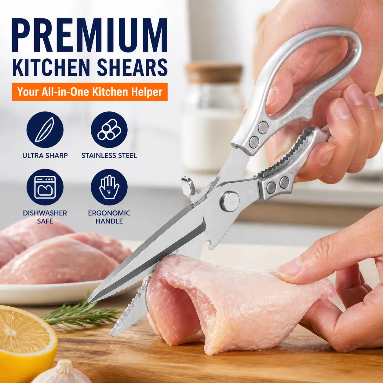Heavy Duty High Carbon Rust-Resist Steel Kitchen Scissors - Single Pair Multi-Tool, Spring-Handled Shear, Ergonomic Thick-Scale Handles, Ultra-Sharp Blade, Nut Cracker, Poultry Cutter, Bottle Opener, Safety Lock, Dishwasher Safe for Cooking, Daily Use, St