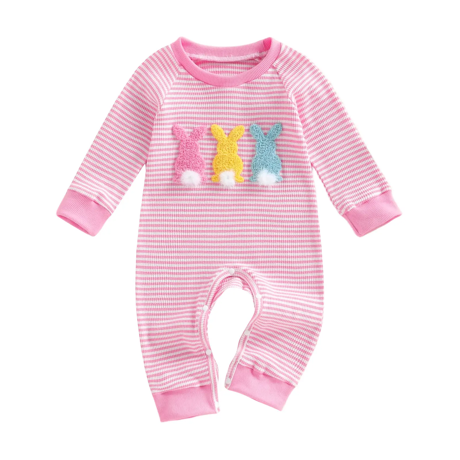 Newborn Baby Girl Striped Easter Outfit, Bunny Long-Sleeve Romper Jumpsuit, Cute Infant Spring Bodysuit