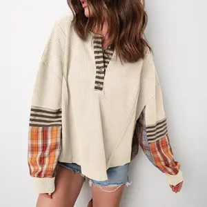 Women's Waffle Stripe Plaid Patchwork Henley Knit Crew Neck Long Sleeve Top Loose Fit Blouse Shirts Womenswear