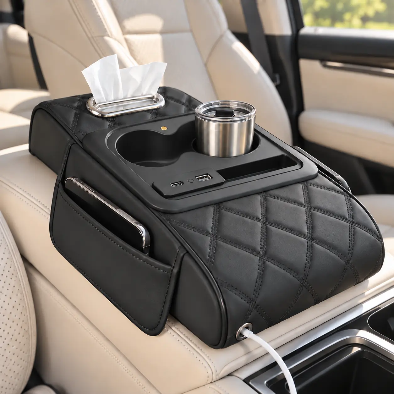 7-in-1 Universal Fit Multifunctional Car Center Console Armrest Storage Bag with Super Fast Charging Port, Type-c & USB Port, Phone Slot, Dual Cup Holders, Tissue Box, Storage Bag, Car Accessories, Cars Accessories
