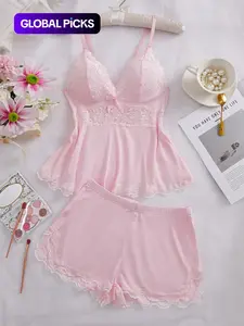 Women's Solid Color Lace Trim Cami Top & Shorts Pyjama Two-piece Set, Casual Comfy Soft Camisole & Shorts PJ Set, Women's Sleepwear & Loungewear for All Seasons, Lingerie