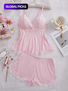 women's solid color lace trim cami top & shorts pyjama two-piece set, casual comfy camisole & shorts pj set, women's sleepwear for all seasons, lingerie