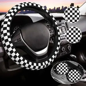 Black and White Checkered Steering Wheel Cover for Women, Universal Auto Steering Wheel 14-15 Inch  Interior Accessories with 2 count  Coasters, Suitable for Men and Women