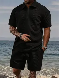 Men's Summer New Textured Fabric Half-Zip Short Sleeve Shorts Set, Casual Outdoor Sports Wear, Fitted H-Type Tee and Shorts Two-Piece Suit