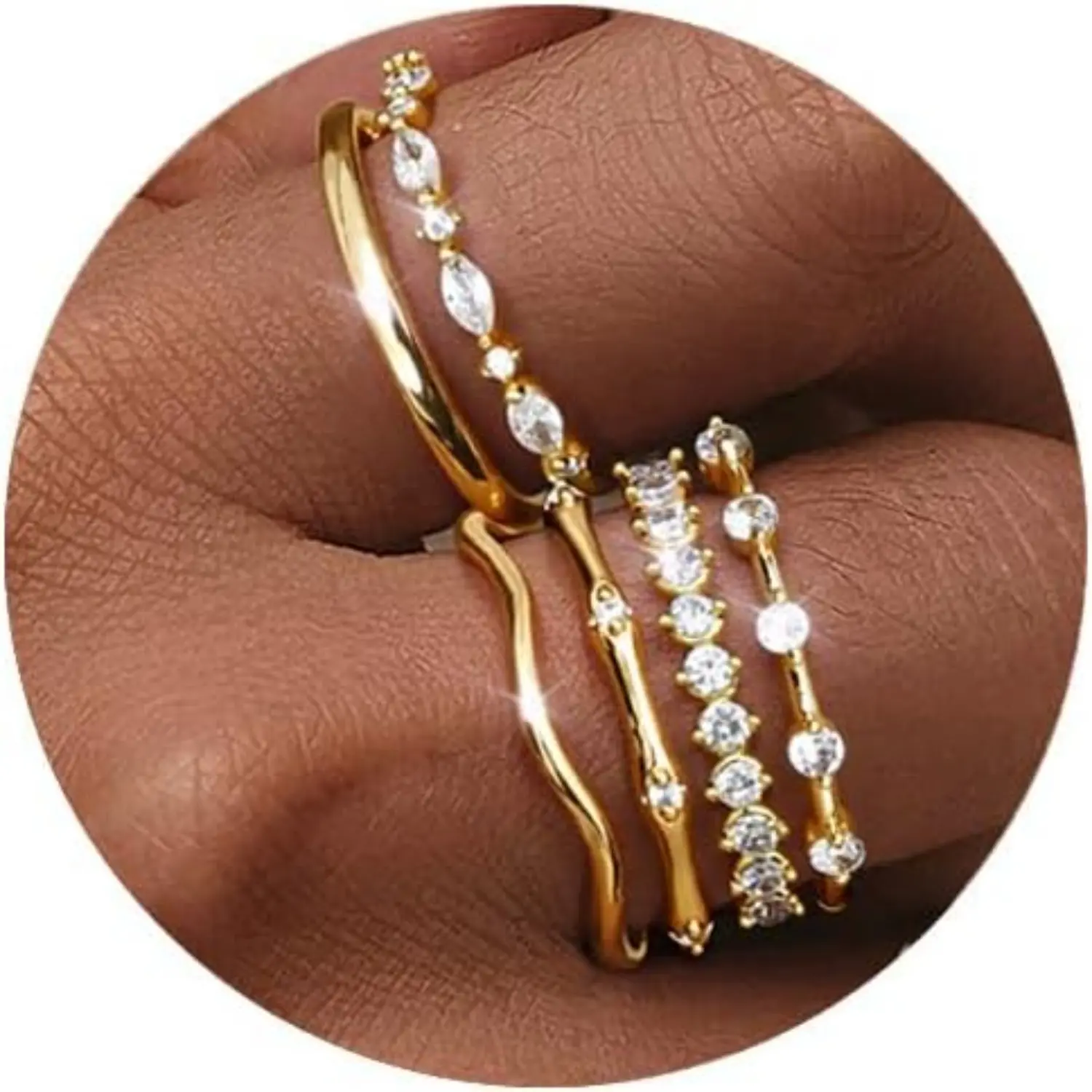 MILACOLATO Women's Non-Tarnish Gold Rings - Cubic Zirconia Dainty Plain & Wave Shape Bands Ring Stack, Wedding Engagement Anniversary Birthday Jewelry, Sizes 5-10, Tarnish Proof Jewelry, Cubic Zirconia Rings