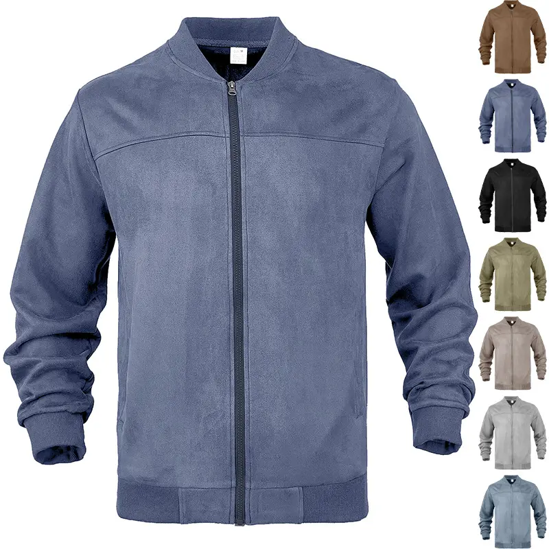 Men’s suede jacket with baseball collar, solid color, full zip opening; cardigan-style suede aviator jacket with ribbed hem, loose casual fit, available in multiple colors, versatile for commuting menswear tops.