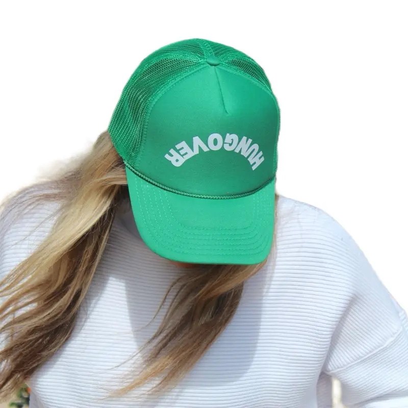 Hungover Trucker Hat - Green Mesh Design with "HUNGOVER" Text, Adjustable Fit, Ideal for Outdoor Activities