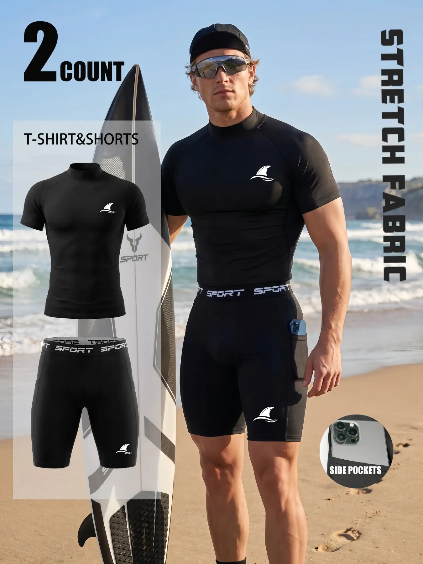 Men’s 2-Piece Activewear Set, Collared Short Sleeve + High Stretch Shorts, Shark Fin Print, Quick-Dry Surf & Running Swim Shorts, Compression Base Layer for Gym, Running, Outdoor Sports & Casual Wear, Comfortable Ice Silk, Elastic Sports Suit