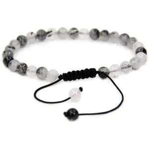 Natural Black Rutilated Quartz Gemstone 6mm Round Beads Adjustable Bracelet 7" Unisex