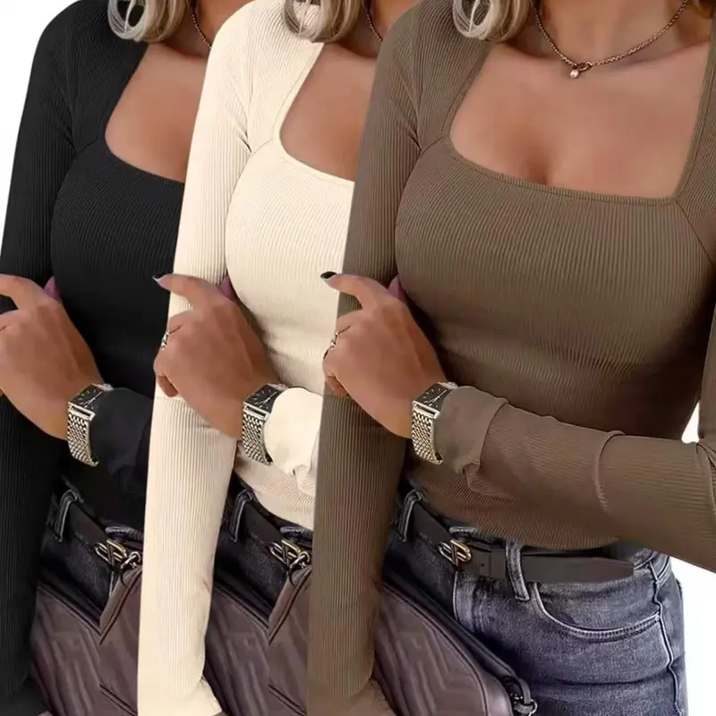 Women's Fall Winter Three-Piece Set, Fashion Long Sleeve Square Neck Slim Fit Comfortable T-Shirt, Stylish Basic Top for Ladies