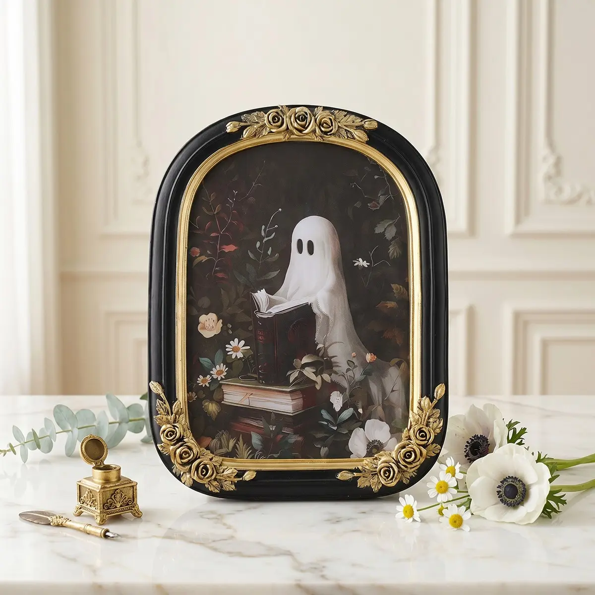 Resin Ghost Reading Rose Arch Photo Frame, Simple Indoor Desktop Decor, Home Decoration, Festival, Bedroom, Office