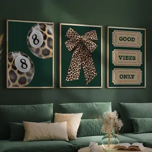 Leopard Dark Green Prints Set of 3 Wall Art Print Pool Ball and Bow Trendy Good Vibes Only Gallery Home Decor Ticket Cheetah Print Posters #110