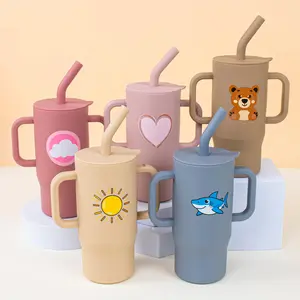 240ML Baby Silicone Cup - Drinking Training Cup with Lid and Soft Handle Silicone Baby Beginner Learning Training Cup Shatterproof and Leak-proof Toddler Straw Cup Open Cup Smoothie Cup Suitable for Babies over 6 Months