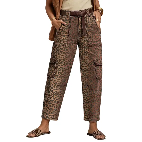 Flamingals Leopard Print Flap Pocket High Waist Tapered Cargo Crop Pants Without Belt Womenswear Stretchy 25.4" Inseam