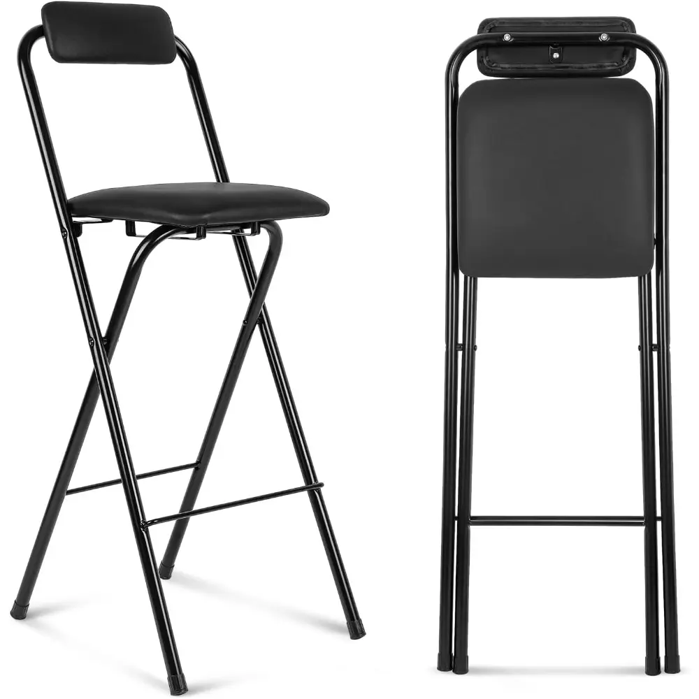 1 Pcs Folding Bar Stool with Backrest, Tall Foldable Stool Chair Portable High Folding Bar Chair Counter Height Seat Leather Padded for Kitchen Island Shop Cafe Dining Room Black (27.5 Inch)