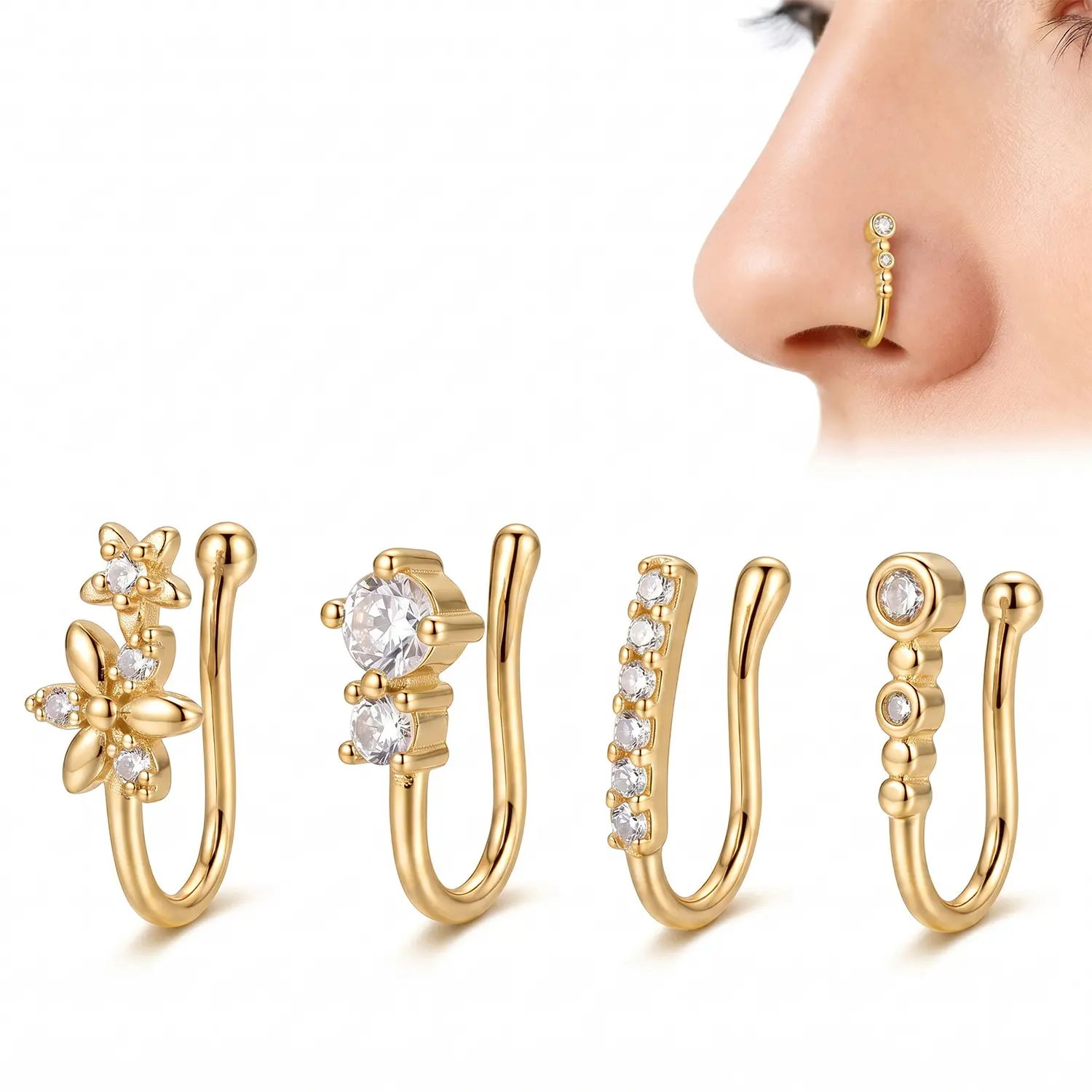 3 Piece U-Shaped Non-Piercing Nose Ring Clips, Fake Piercing, Elegant Sparkling Daily Party Jewelry, Chic Body Jewelry, Comfortable Clip-On Nose Cuffs for Unpierced Nostrils