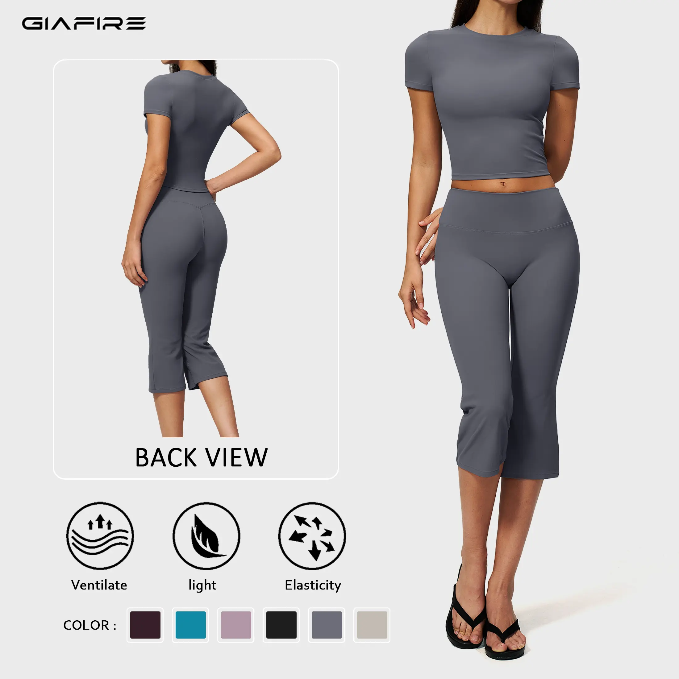 GIAFIRE Women’s 2-Piece Sports Set: High-Stretch, Breathable, Moisture-Wicking T-Shirt & High-Waisted Butt-Lifting Capri Yoga Pants for Yoga, Fitness, Casual Wear